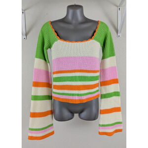 Pink Lily sz S Crochet Sweater multi color stripes flare ls stretchy 1477